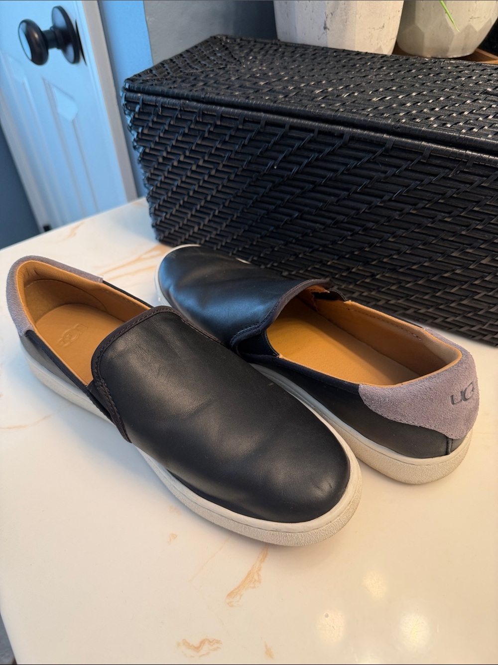 UGG Women’s Black Slip-On Loafers with Gray Heel Collar